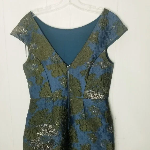 Vera Wang Brocade Dress Women Size 6 Dark Teal Green Metallic V-cut Back Lined - Picture 11 of 16